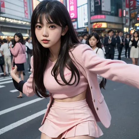 Close up,1 girl,solo, random post, Beautiful girl,(((Aimi Rin))) ,long hair, Beautiful shape ,wear a tight pink suit, tight skirt ,(short skirt),looking at camera,25 years old, in the Tokyo city