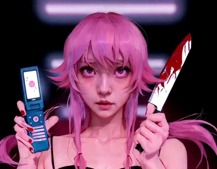 anime girl with pink hair holding a cell phone and a knife, mirai nikki, yandere, gapmoe yandere, anime styled digital art, digital anime illustration, yume nikki, anime style digital art, 2 d anime style, digital cyberpunk - anime art, digital cyberpunk a...