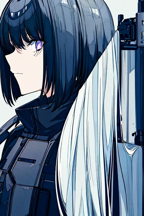 Monochrome、Social media icons、短いGray Hairと角を持つ、Dark theme with silver eyes、Short bob hairstyle、Gray Hair、Dark-skinned anime character in futuristic clothing、A contemporary sci-fi look