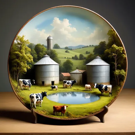 diorama of the meadow, some cows, old silo, on round plate, surreal, high resolution, beautiful, highest quality, masterpiece, h...