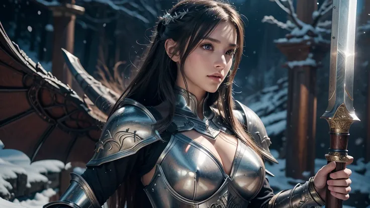 Close-up of woman holding sword and armor, Armor Girl, 2. 5D CGI anime fantasy artwork,  Large Breasts，Epic fantasy digital art style, detailed Digital 2D fantasy art, Digital 2D fantasy art, original photo, (best quality:1.3), high resolution, (masterpiec...