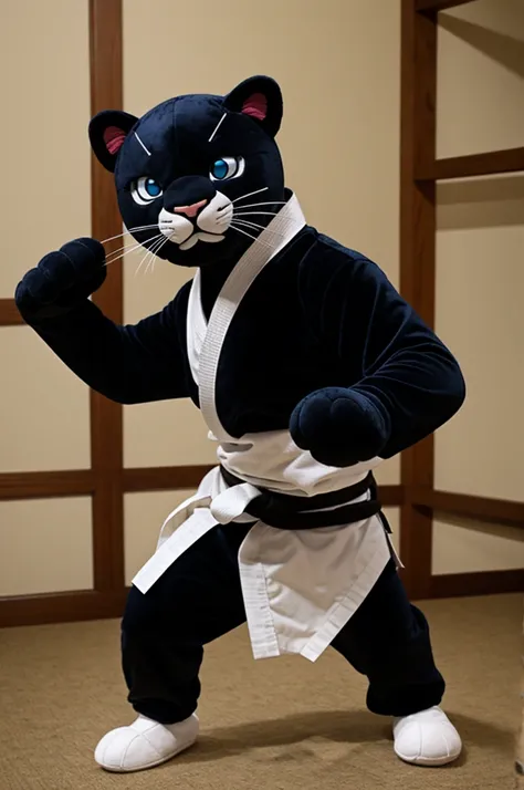 Very cute  panther dressed as a karateka in stuffed animal