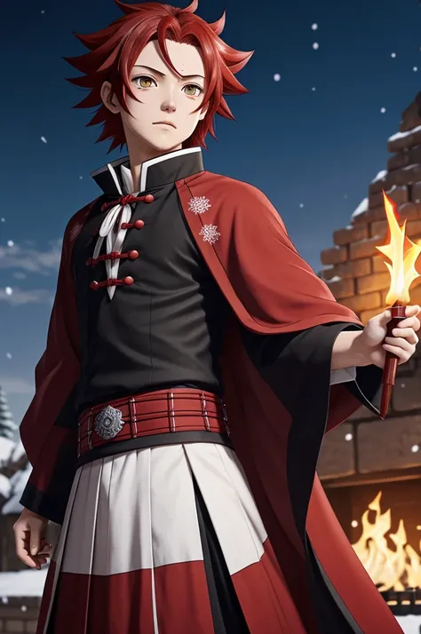 My name is Kimetsu no Yaiba,My character will have red hair and is a high-ranking pillar. His eyes are with snowflakes on the left side and the other is a wine color and striking. He is a pillar of flame. His uniform is like that of Tokito. 