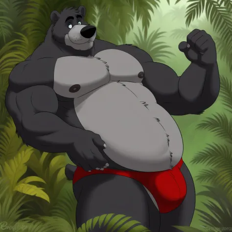 ((masterpiece, best quality)),solo,  solo, baloo, huge muscular, green competitive briefs, posing, cowboy shot, black eyes, furry, bear, no humans, jungle,  