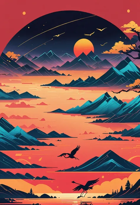 pine，Thousand Miles of Rivers and Mountains，Flying cranes，Lacquer、comfort、Mountains，Gold Leaf，Minimalist Composition of Chinese Landscape、Red sky pure color，illustration