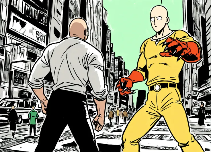 Marvels Wolverine (90s comic style) is enraged, claws out ready to fight, One punch man Saitama is not impressed. set in new york city. standoff
