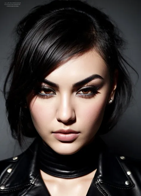 photo of beautiful koh_sashagrey, wearing leather jacket, (biker style:1.1), stern, intimidating, hyperdetailed photography, dim...