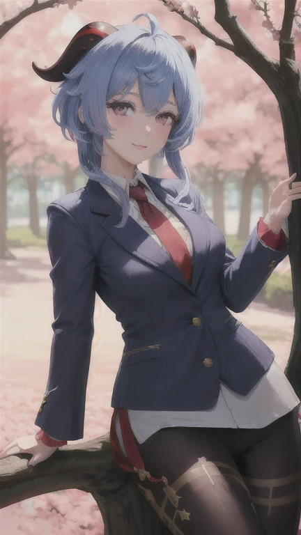 ganyurnd, (medium breasts), perfact breasts, 
masterpiece, best quality, ultra-detailed, beautiful lighting, bangs, (blazer:1.1), red_eyes, perfect eyes, (stars in the eyes)
(Leaning against a tree or other natural feature with one hand up:1.4), (pov:1.1),...