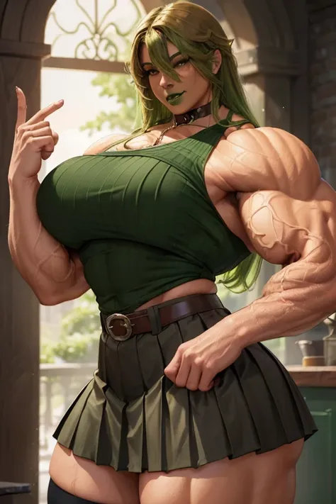 ((((Massive tall, beautiful, buff, light brown skinned muscular woman with green hair, black lipstick, ginormous bulky muscles and wearing a green pleated shirt with beautiful long pleated skirt)))), (close view), (massive muscles), long curvy hair, ((chai...