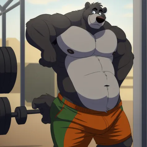 ((masterpiece, best quality)),solo, 1boy, solo, baloo, huge muscular, green shorts, posing, cowboy shot, black eyes, furry, bear, no humans, gym,  