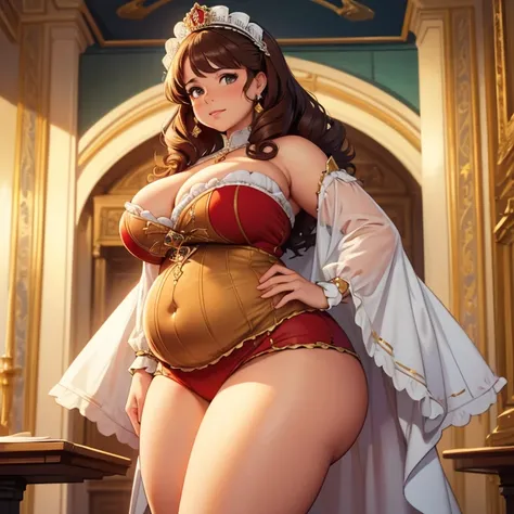 (Best quality), (detailed), (high res, 4k), chubby queen lady, queenly attire, queen, brown curly hair, tan skin, big booty, wide hips, ((1800s)), ((royal)), ((19th century britain)),