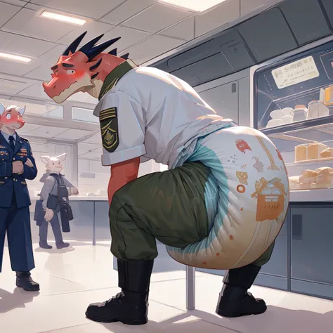 male dragon, butt shot, slim build, military academy clothes, blushing, by bebebe, spaceship cafeteria, wearing small diaper, sweating, being watched, embarrassed, diaper use, realistic diaper, pooping in diaper, bent over, blushing, pooping, relieving sel...