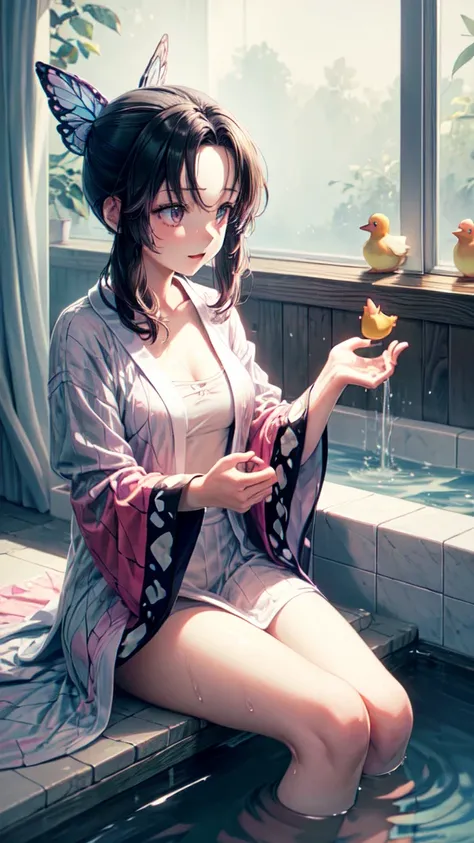 In this image, we see a young anime character in a relaxed moment, possibly right after a shower. She is wearing a pink robe with butterfly details, and a rubber duck is on her head. This scene combines elements of humor, lightness and charm. Lets explore ...