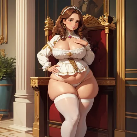 (Best quality), (detailed), (high res, 4k), chubby queen lady, queenly attire, queen, brown curly hair, tan skin, big booty, wide hips, ((1800s)), ((royal)), ((19th century britain)),