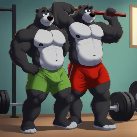 ((masterpiece, best quality)),solo, 1boy, solo, baloo, huge muscular, green shorts, posing, cowboy shot, black eyes, furry, bear, no humans, gym,  working out, gym set