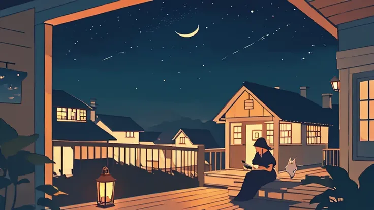 a girl sitting on a porch with a fox, with a view of the night sky