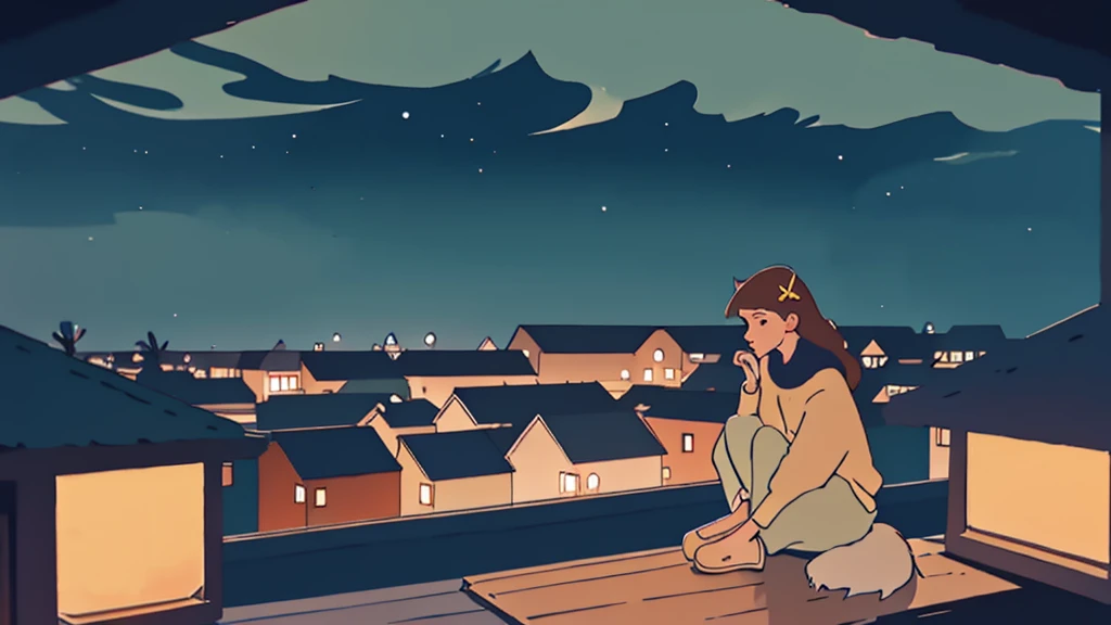 a girl sitting on a porch with a fox, with a view of the night sky