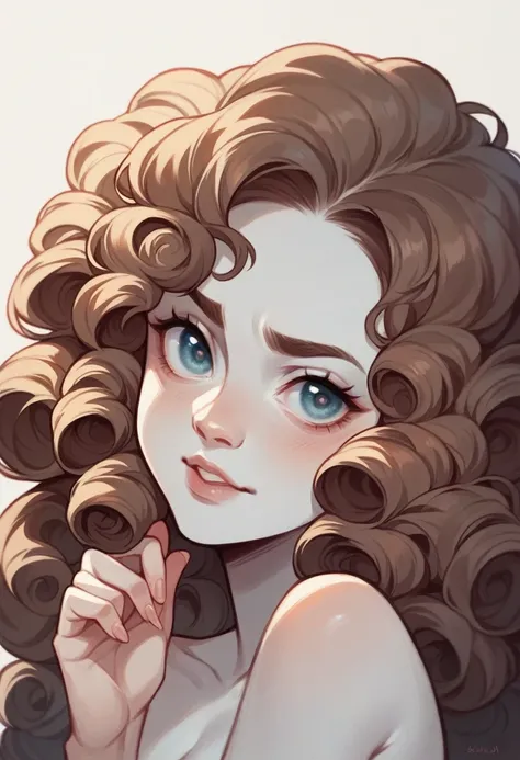 A female character with white skin color, almond eyes and brown curly hair