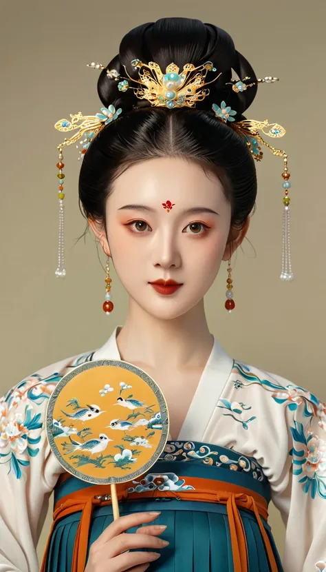 a beautiful young chinese girl in traditional song dynasty imperial court attire, symmetrical facial features, round face, brigh...