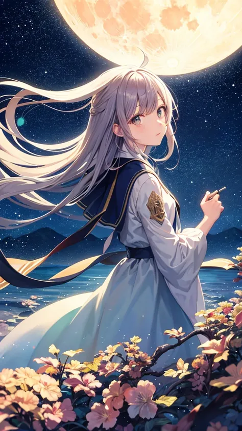 Wearing a river painting, Stars in the sky, And the Moon、Condensed beauty, Concept art inspired by Tosa Mitsuoki, pixiv contest winners, Highest quality, Fantasy art, Beautiful anime scene, Bright round moon, Starry Sky environment in the moonlight, Dream ...