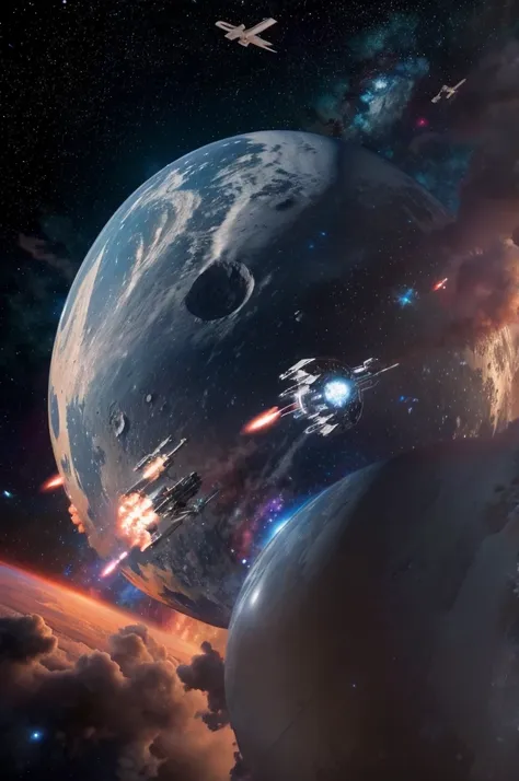 a space battle raging around a warship starship shaped like a giant sphere with giant engines and weapons with a nebula in the b...