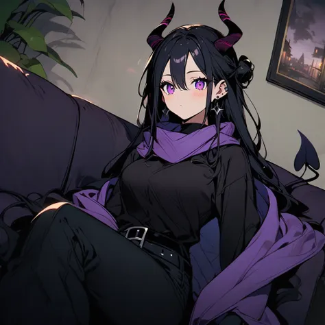 (well done:1)woman with horns and demon tail, long straight black hair, wears two black cross earrings, purple scarf, black t-shirt, purple jacket over it, black pants with white details, belt over the pants.
 Sitting on a sofa in a living room