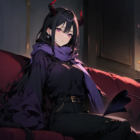 (well done:1)woman with horns and demon tail, long straight black hair, wears two black cross earrings, purple scarf, black t-shirt, purple jacket over it, black pants with white details, belt over the pants.
 Sitting on a sofa in a living room