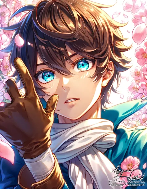 absurdres, highres, ultra detailed, HDR, master piece, best quality, Jiggy Pepper, dark brown hair, expressive turquoise eyes, Tegami Bachi, solo, sexy man, handsome, white scarf, trademark dark blue jacket, brown gloves, fantasy, shining, pink flowers, pi...