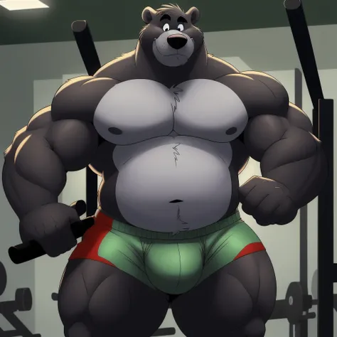 ((masterpiece, best quality)),solo, 1bear, solo, baloo, huge muscular, green gym shorts, cowboy shot, black eyes, furry, bear, no humans, gym,  working out, gym set