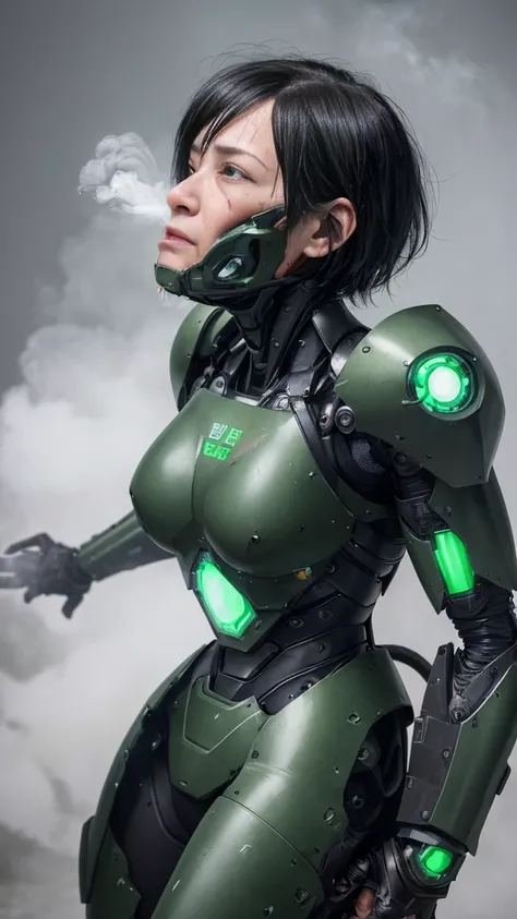 , Advanced Details, high quality, 最high quality, High resolution, 1080P 、Sexy Eyes、Wearing green and black cyborg armor、cute((The whole body is sweating))(Equipped with a damaged battle suit....)(Dark green armor)(Broken Armor)Black Hair、、short hair、、Painf...