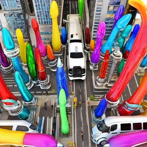 A great futuristic metropolitan made of glass and steel where tall buildings are shaped liked dildos and vehicles are individual sperm with wheels and windows moving down the streets. Tunnels look like vaginas. Hyper realistic, vibrant colors, 16k