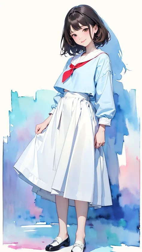 (1 Girl、alone、whole body、natural standing posture)、(Standing casually)、(whole body:1.4)、(whole bodyショーケース)、(whole bodyを見せる)、((Character Concept Art))、(Portraiture:1.2)、(Detailed facial depiction、A kind smile)、Short dark brown hair、White Sailor Suit、Navy bl...