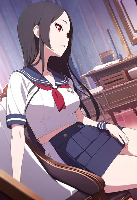 (One tall woman,Black Hair,Long hair,Red Eyes,Dynamic Angle,Slightly larger breasts,Slightly wider thighs)Woman sitting on chair,Sailor suit,Short skirt,Black tights,The background is the living room