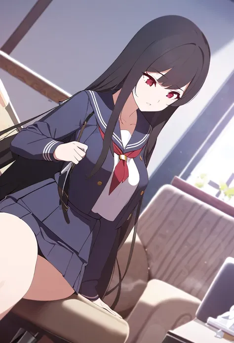 (One tall woman,Black Hair,Long hair,Red Eyes,Dynamic Angle,Slightly larger breasts,Slightly wider thighs)Woman sitting on chair,Sailor suit,Short skirt,Black tights,The background is the living room