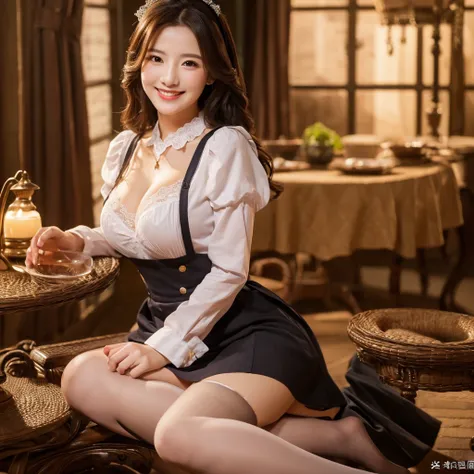 
（Cute Smile）、((masterpiece))、((Highest quality))、((Very detailed))、 8K、32k、photograph、Attention to detail、(超Detailed Background, Detailed Background: 1.3)、((Big Breasts:1:0.5))、Cleavage、reality、High resolution、1 female、Beautiful Hair、Black Stockings、Sitti...