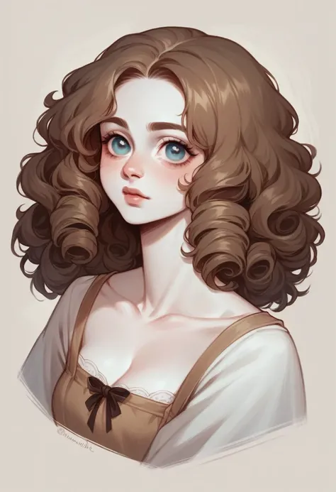 A female character with white skin color, almond eyes and brown curly hair