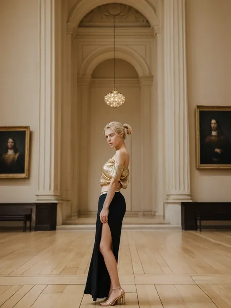 her name is Elle, high quality, 1girl, ((20-year-old fit Caucasian woman)), ((20 years old)), ((fit)), ((pale skin)), ((sleek ponytail blonde colored hair)) , wearing Metallic Gold Sequined One-Shoulder Top  + High-Waisted Satin Wrap Skirt, pose: standing,...