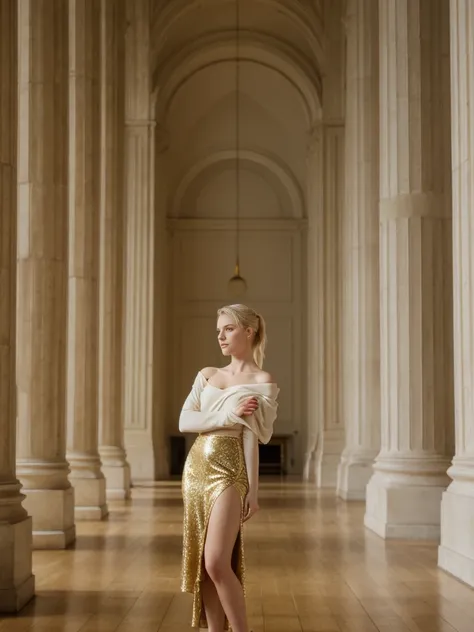 her name is Elle, high quality, 1girl, ((20-year-old fit Caucasian woman)), ((20 years old)), ((fit)), ((pale skin)), ((sleek ponytail blonde colored hair)) , wearing Metallic Gold Sequined One-Shoulder Top  + High-Waisted Satin Wrap Skirt, pose: standing,...