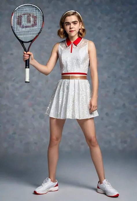 1girl, Kiernan Shipka, full body, colored tennis dress, (sheer shiny shimmering silky tan pantyhose:1.1)++, (5inch white high heeled pumps:1.3)++, holding tennis racket, studio photo shoot, plain backdrop, red lipstick, long dangling earrings, extremely sh...