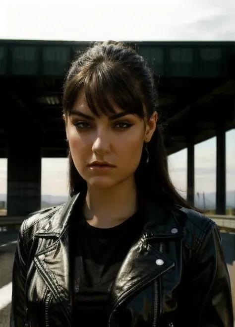 photo of beautiful Koh_SashaGrey, wearing leather jacket, (biker style:1.1), stern, intimidating, hyperdetailed photography, dim light, soft light, portrait, cover, best quality, (detailed beautiful face, detail skin texture, ultra-detailed body:1.1), high...