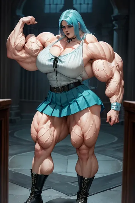 ((((Massive tall, beautiful, buff, pale white skinned muscular woman with cyan hair, black lipstick, ginormous bulky muscles and wearing a cyan pleated shirt with beautiful long pleated skirt)))), (close view), (massive muscles), long beachy hair, ((chaine...