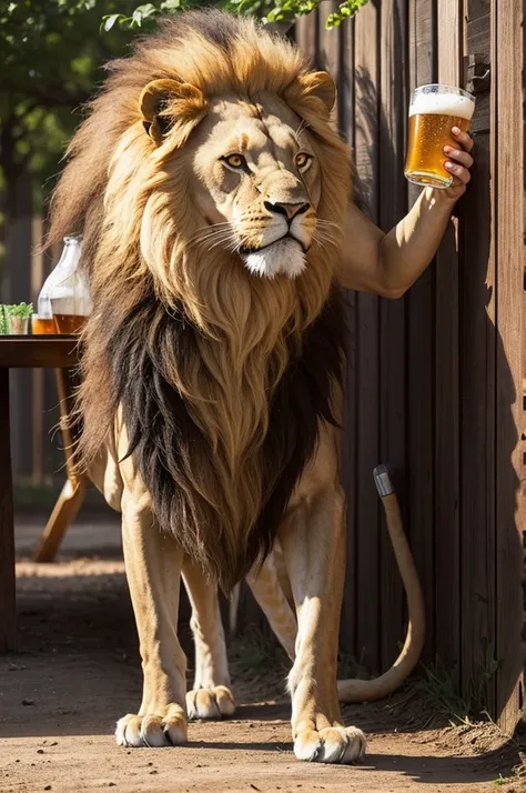 Lion drinking beer 