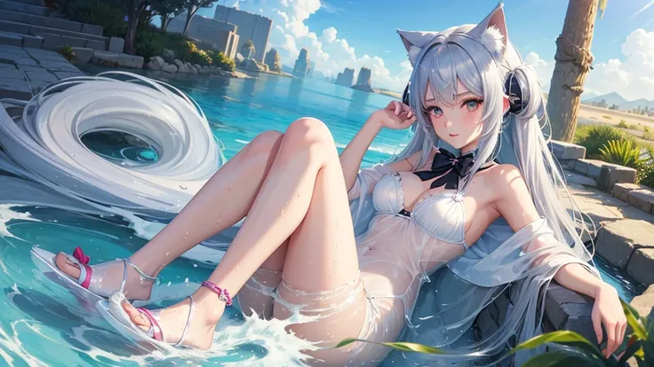 work of art, High quality anime illustration, super verbose, A girl, focus only, beautiful girl with silver hair cat ears, anime loli, loli with cat ears, thigh emphasis, bom Betting, bathing in a desert oasis, Pure wet