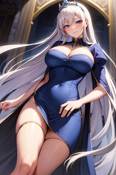 milf, 30 years old, (highres, masterpiece:1.2), white hair, robe, blue robe, (large breasts), thick thighs, standing, pelvic curtain, tiara, thighhighs, v-neck, strapless dress, blue eyes, expressionless, long hair, (layered dress, elaborate clothing, deta...