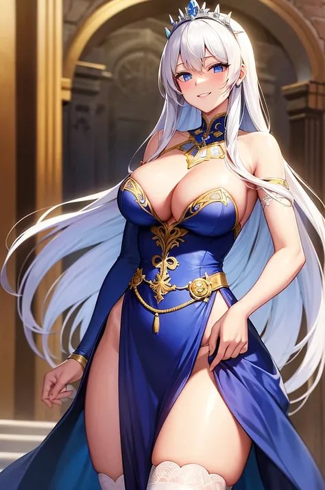 milf, 30 years old, (highres, masterpiece:1.2), white hair, robe, blue robe, (large breasts), thick thighs, standing, pelvic curtain, tiara, thighhighs, v-neck, strapless dress, blue eyes, expressionless, long hair, (layered dress, elaborate clothing, deta...