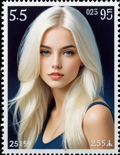 very attractive 25 year old girl with long platinum blonde hair, on a postage stamp