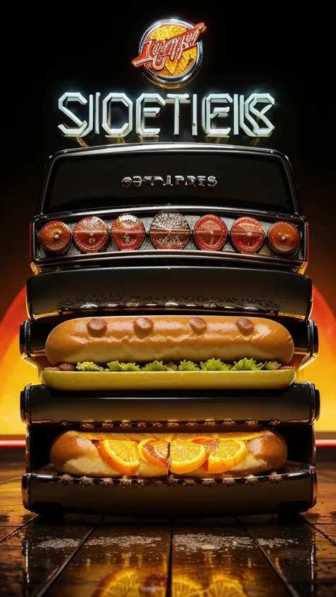 HOT hot dog, vintage soda ICE splesh and crazy slices of lettuce and tomato with black gears gradient background with a cool and powerful engine metal chrome accents, slices of oranges and lemons hyper realistic details of liquid neon splesh highlighting t...