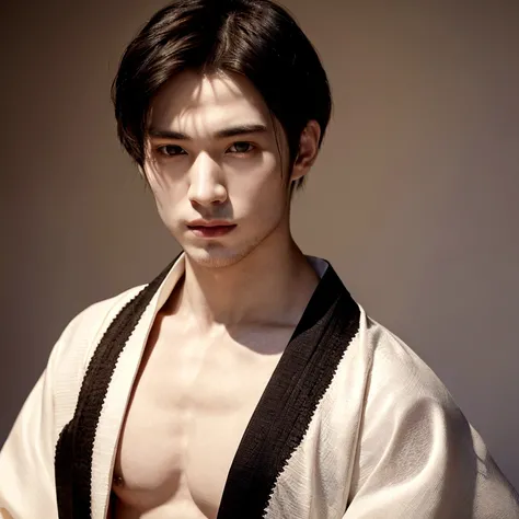 a 25 year old man with pale skin, abs, natural skin textures and lines, beautiful eyes, highly detailed lighting, amazing hair, extremely detailed face and eyes, portrait,japon,kimono 