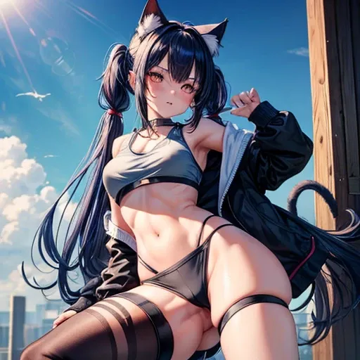 masterpiece,One girl,alone ,Heart-shaped pupils,Open the front,hoodie,,  Static Restraints,Exposing her breasts　Dark blue hair girl, Cat ears and tail, Wearing a tank top and racing pants.　Loli body type　　Twin tails　Female genitalia is visible　　Detailed de...