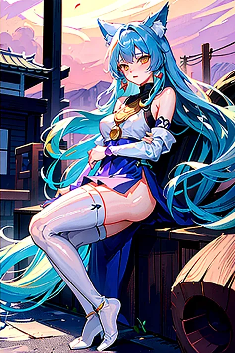 fox Light blue hair 　beast girl　indigo fur　fox beast girl　Sesshomaru, Yellow eyes, Anime, Perfect face, Perfect Lighting, Outdoors, Warm colors, Dark purple sky, Autumn sunset,  (inuyasha), Bearing Claw, Ready to fight